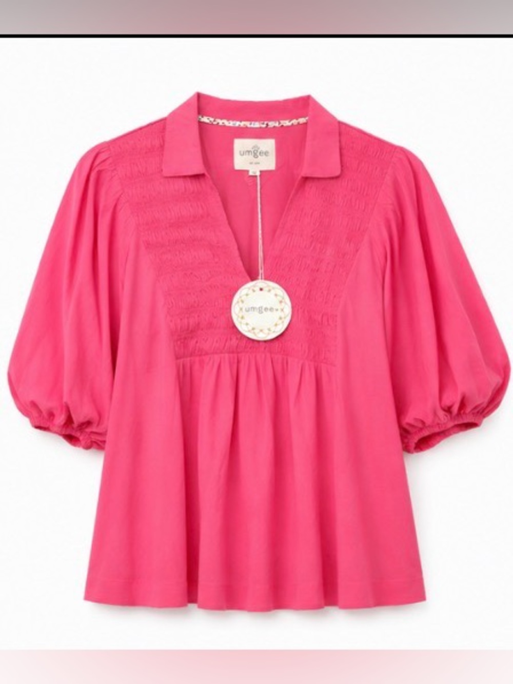 Umgee Plus Pink Smocked Bubble Sleeve Collared Top 1X NWT Modal